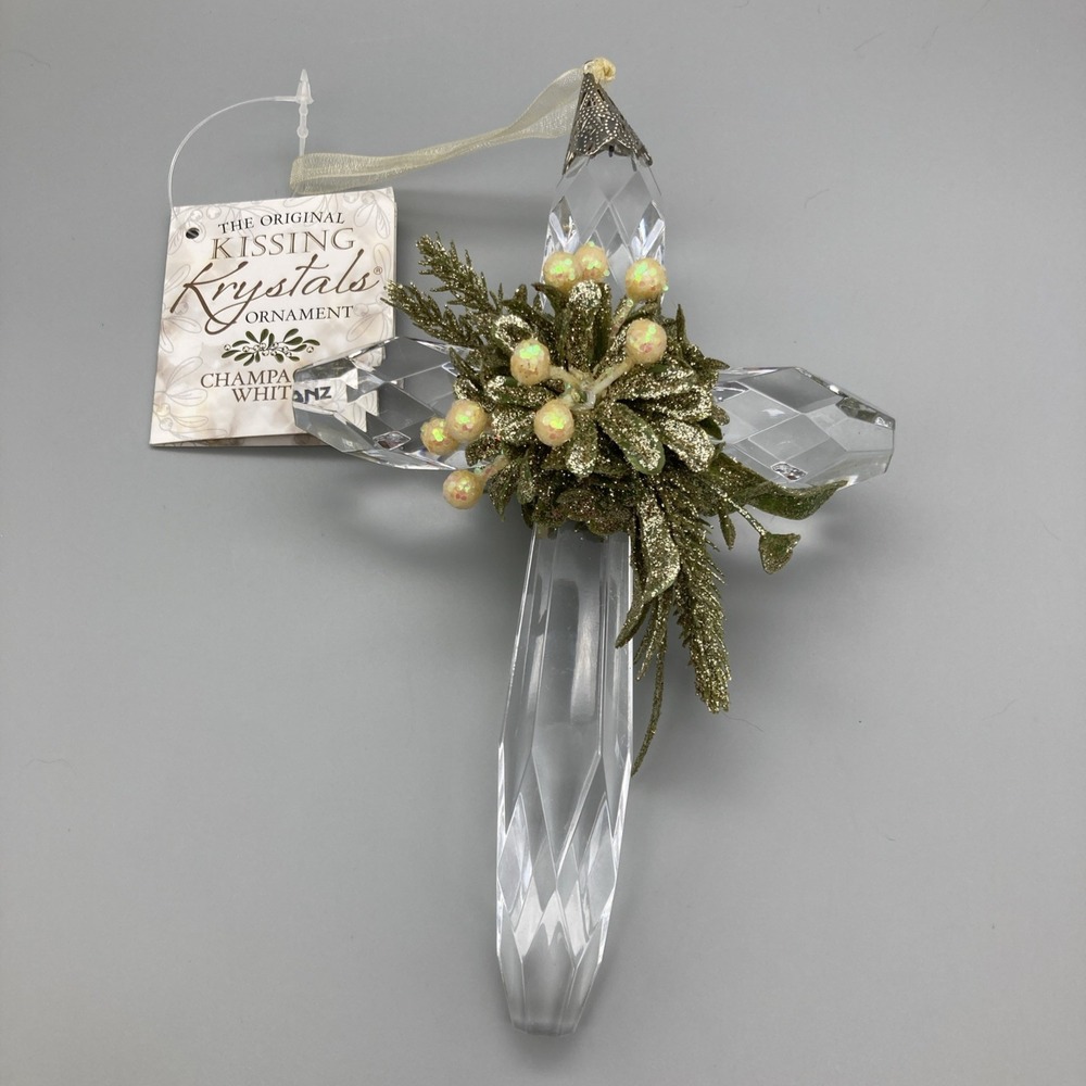 Kissing Krystals Ornament Champagne White Mistletoe Cross Clear by Ganz ~New ~